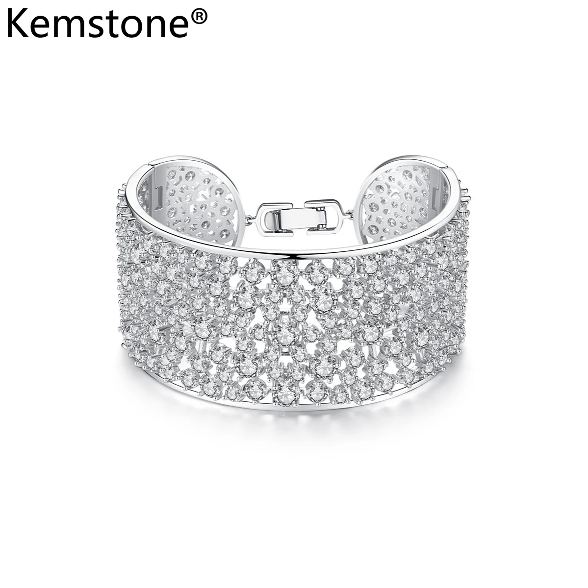 

Kemstone Luxurious Silver Plated Crystal cuff bangle Bracelet for Women female Jewelry Gifts
