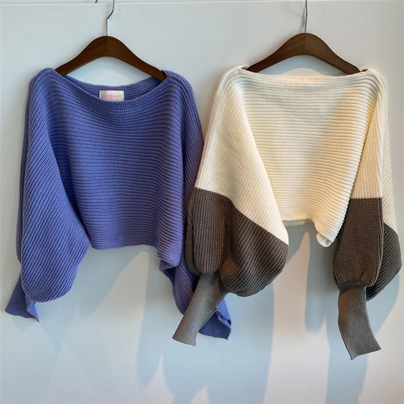 

Aesthetic Simple Solid Elegant All-match Slash Neck Lantern Sleeve Chic Design Sweater for Ladies Elegant Solid Pullovers 2020