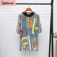 2021 new sequins female nightclub female hip hop sequin streetwear clothing short sleeved round neck fashion loose t shirt