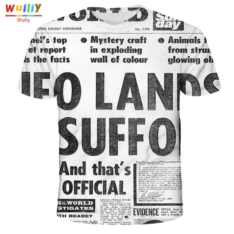 Футболка с принтом газеты для мужчин и женщин черно белая футболка 3D топ