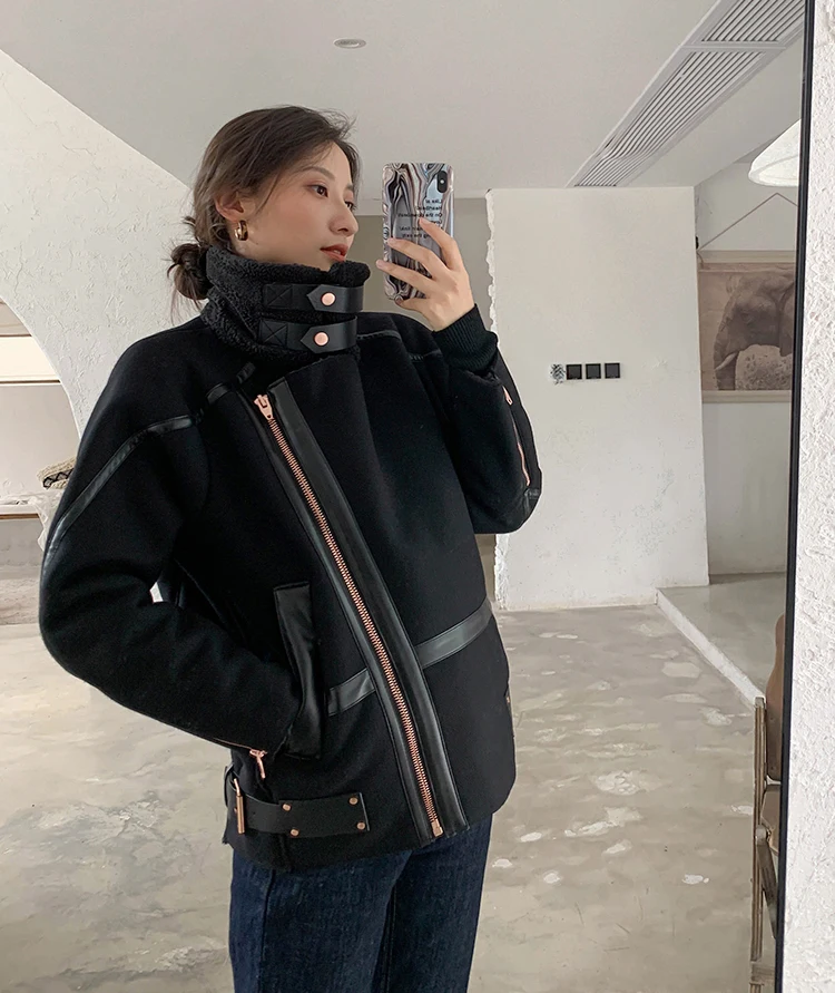 2019 зимняя женская Повседневная Байкерская мотоциклетная куртка черное теплое