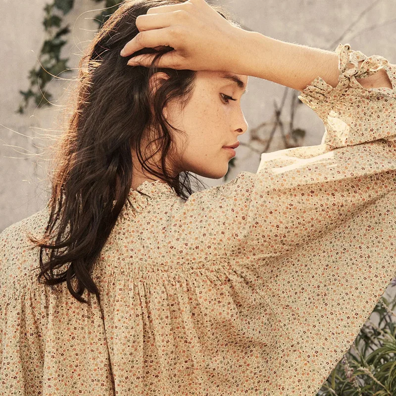 

Women Floral Print Long Sleeve Blouse Shirt Cotton Single Breasted Cuff Lace-up Prairie Chic Lantern Sleeve Female Blouse