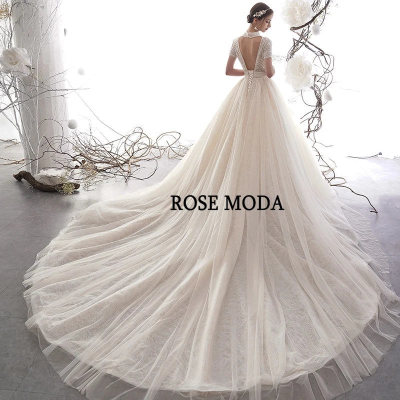 Розовое Платье Moda с высоким вырезом и короткими рукавами кружевное свадебное