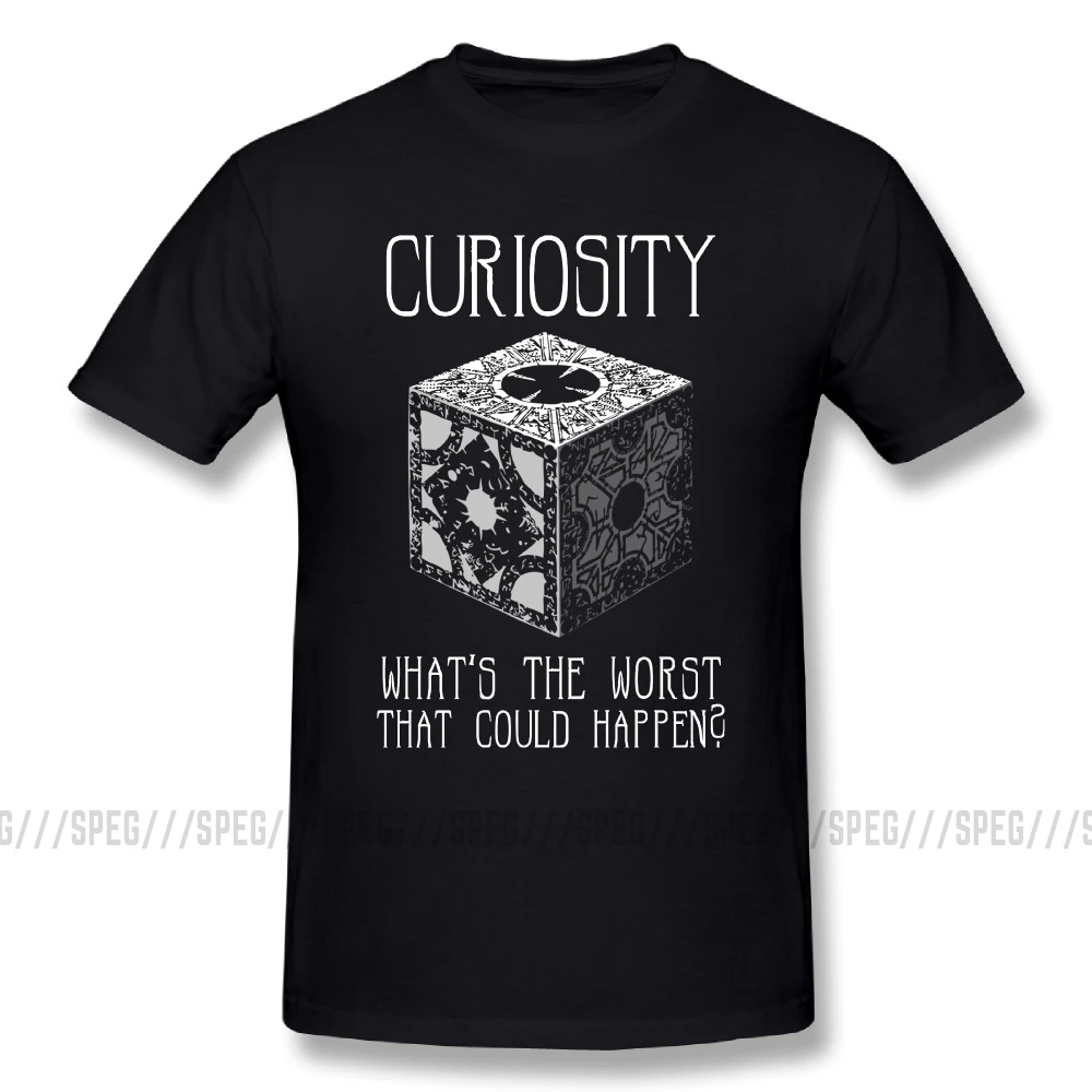 Мужские футболки из хлопка с коротким рукавом и рисунком из мультфильма "curiousity Killed Hellraiser", большая скидка, мужские футболки с круглым вырезом - Цвет: Черный