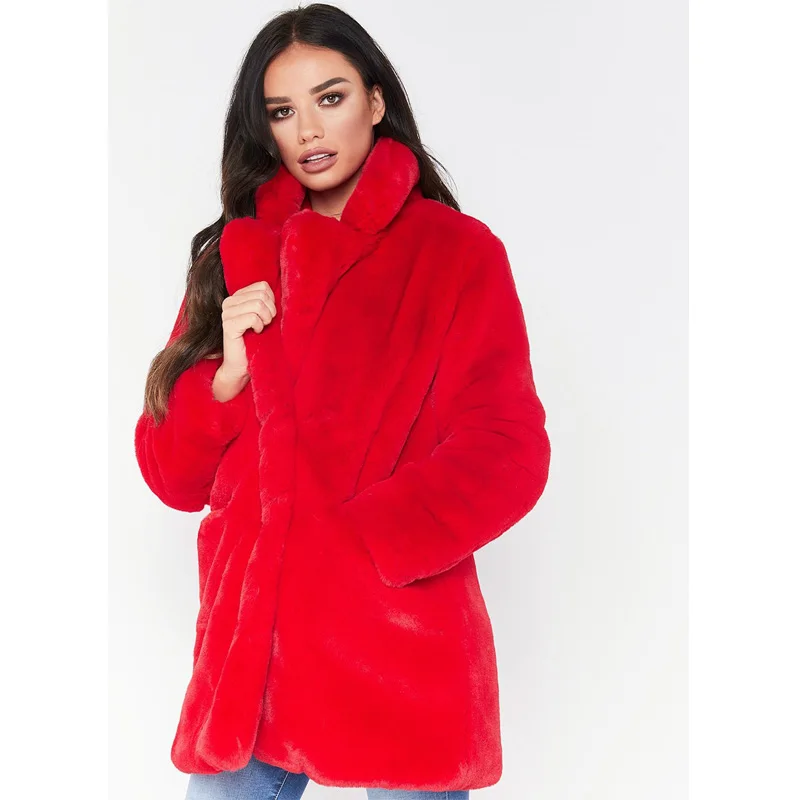 Женское пушистое пальто с карманами Элегантное зимнее теплое меховое мягкое