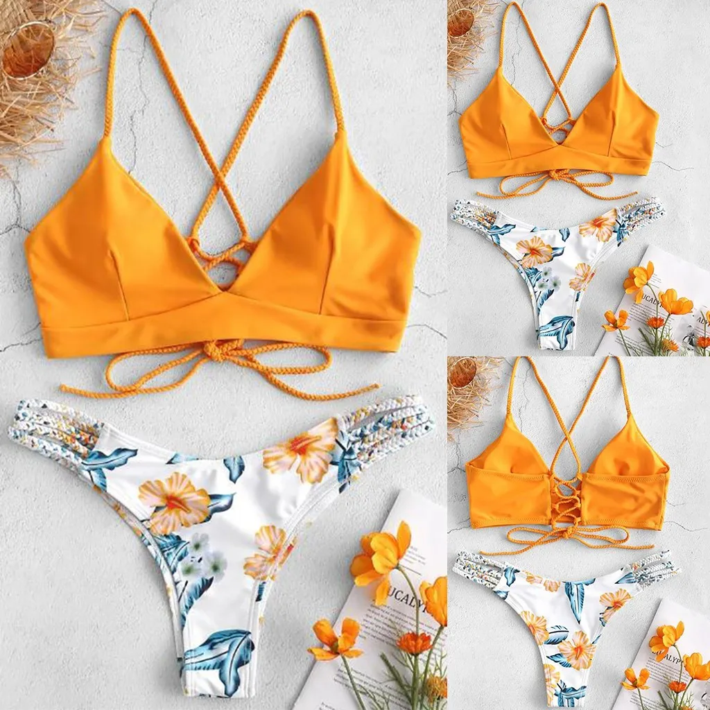

Women's Bikini Cut Flowers One Piece Swimsuit Push ups Swimwear Beachwear bandage Fashion Star Beachwear brazilian 121