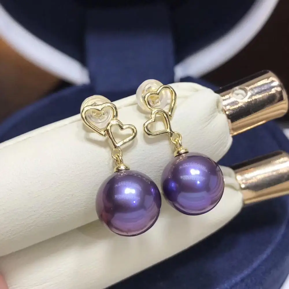 Pure 925 Sterling Silver Fine Jewelry Fresh Water Purple 9-10mm Round Pearl Dangle Earrings for Women Fine Pearl Earrings