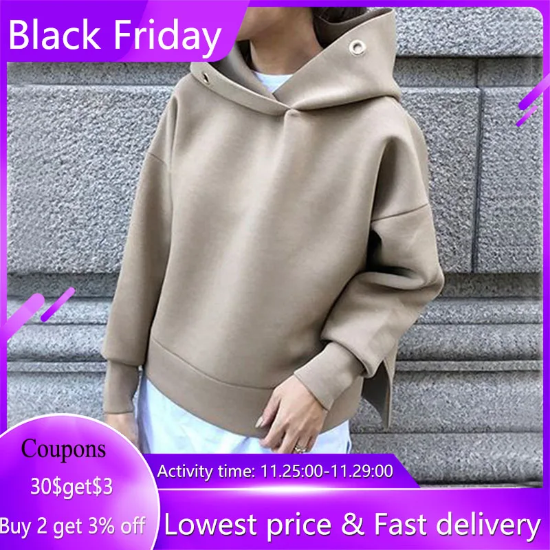 Women Solid Hoodie Autumn Spring Office Ladies Elegant Pullover Hooded Coat Japan Korea Causal Tops Outwear Brown Top Young New | Женская