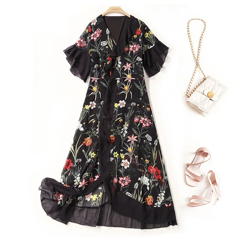 

Vintage Floral Maxi Dresses Elegant Beach Sash Sexy Flared Sleeve V Neck Split Print Tunic Long Summer Boho Dress Women