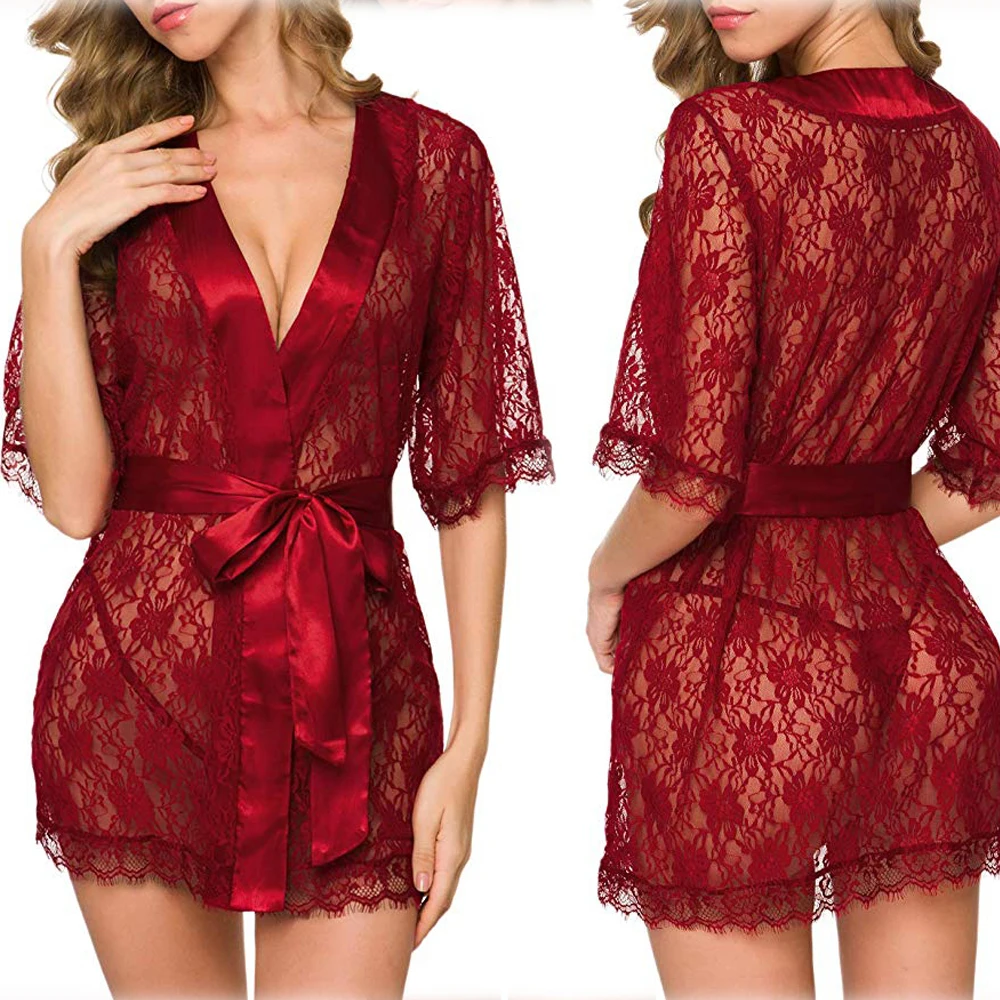 

Women's Bathrobe Sleepwear Sets Sheer Mesh Nightgown Floral Lace Robes Lingerie Female Sexy See Through Robes