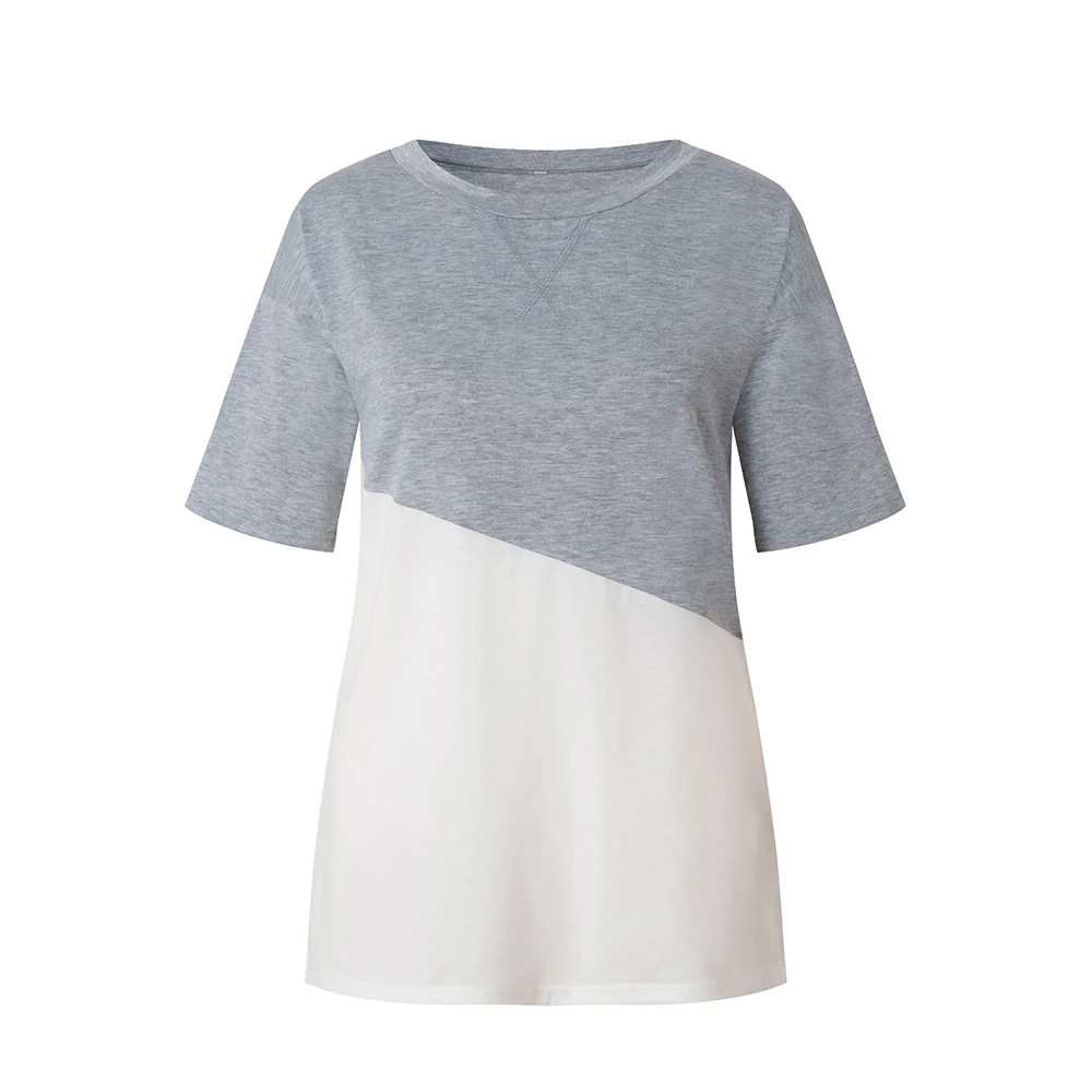 

Casual Color Block Short Sleeve Shirt for Women Summer Crew Neck Loose Comfy Patchwork Plus Size Cotton Basic Simple Tops Tees