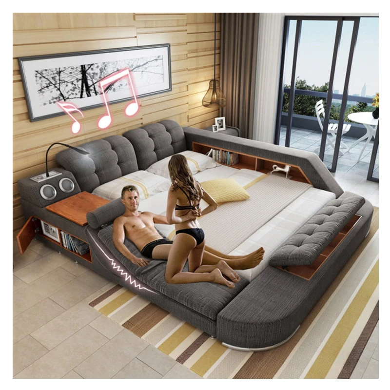 Современный дизайн мебели кожаная кровать ткань массажное сиденье двуспальные