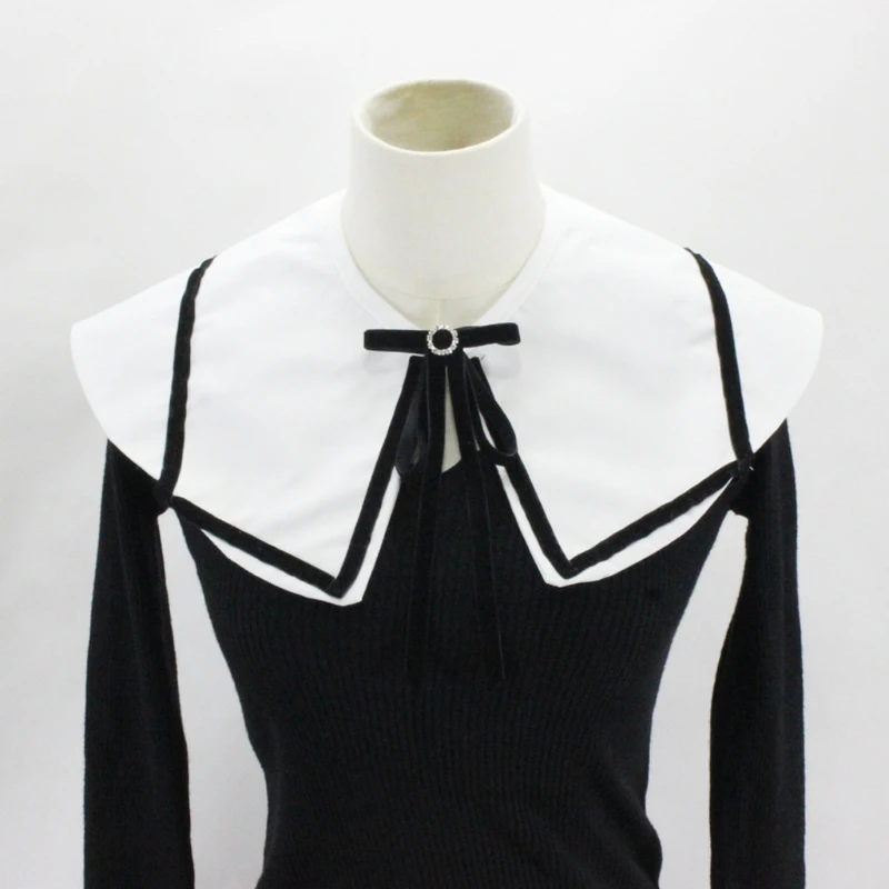

K3NF Women Girls Student Detachable Fake Collar Shawl Wrap Elegant Rhinestone Buckle Bow Knot Half Shirt Contrast Color Striped