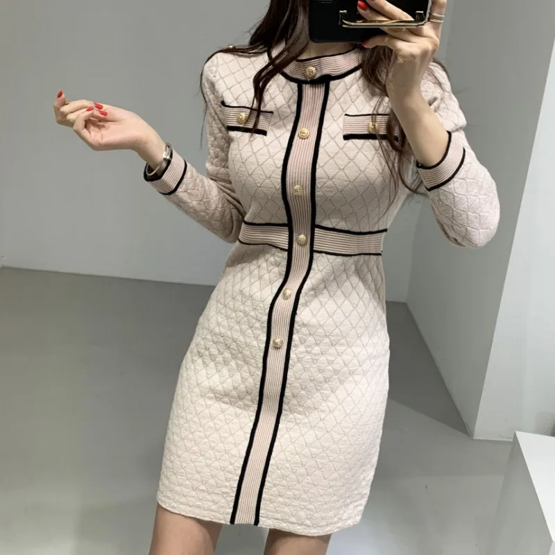 Женское трикотажное платье-свитер с круглым вырезом и длинным рукавом - купить по