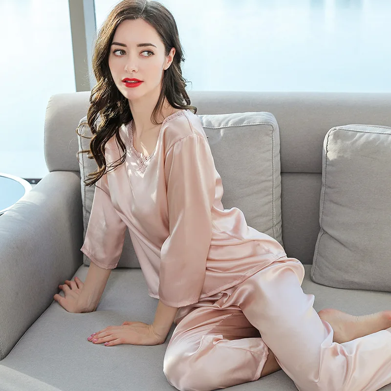 Women's Silk Pajamas Summer Thin Section Long Sleeve Suit Loose Tracksuit Two-Piece Spring and Autumn