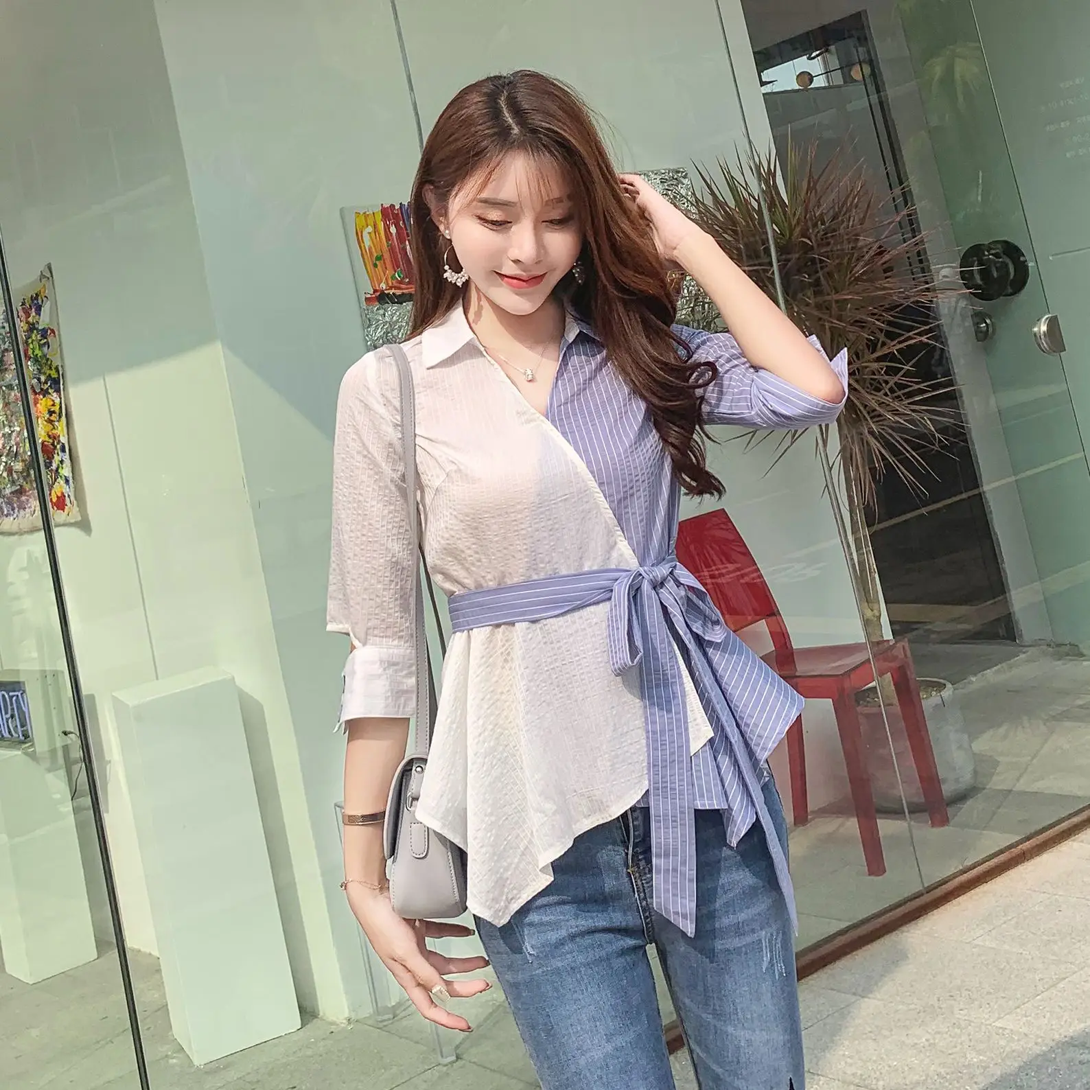 Повседневная Лоскутная рубашка COIGARSAM женские топы летние милые полосатые