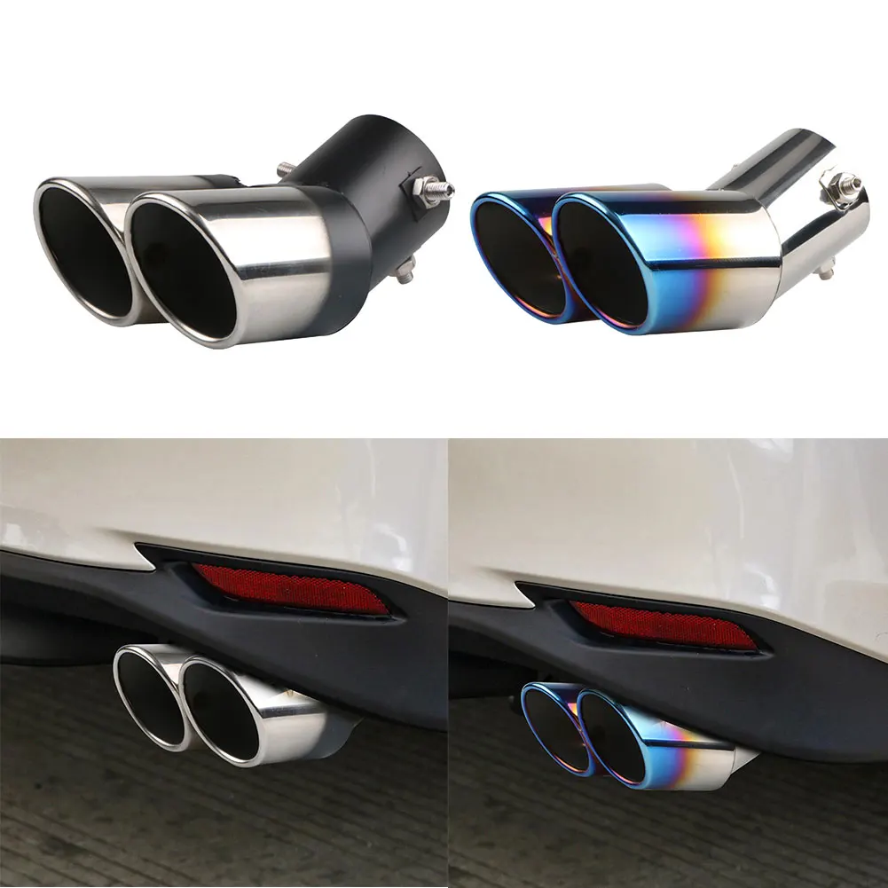 

Dual Outlet Car Exhaust Tip Stainless Steel Slant Rolled Edge Auto Muffler Silencer Universal Black+Silver