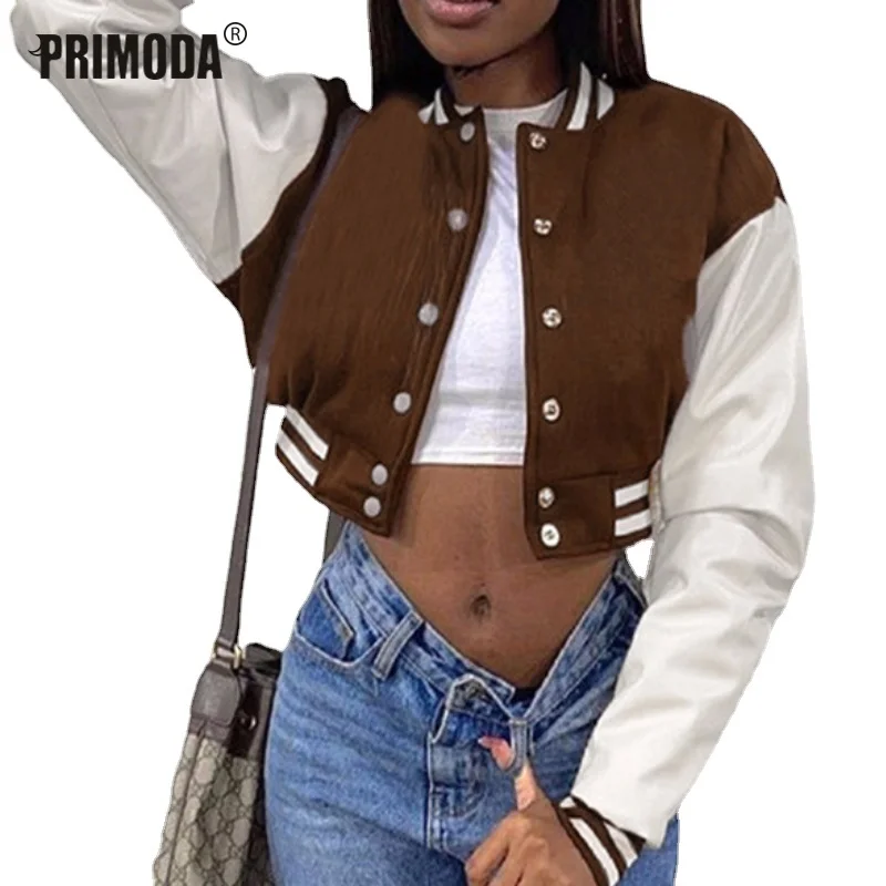 

Baseball Crop Jackets Coats Winter Striped Female Slim Single Breasted Women Fashion Overalls Black Bottons Streerwear PR3050G