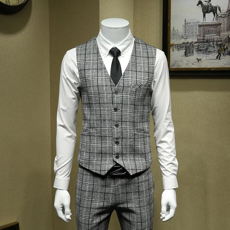 Formal British Grey Plaid Wool Blazer Suit Men Office Costume Homme Bridegroom Wedding Suits Jacket+Vest+Pants Woolen 3pcs Set | Мужская