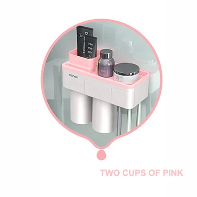 Two cup holder pink MSJO держатель для зубных щеток Автоматический Диспенсер для зубной пасты Магнитная Адсорбция перевернутый Телефон для хранения декора аксессуары для ванной комнаты Набор - Цвет: Two cup holder pink