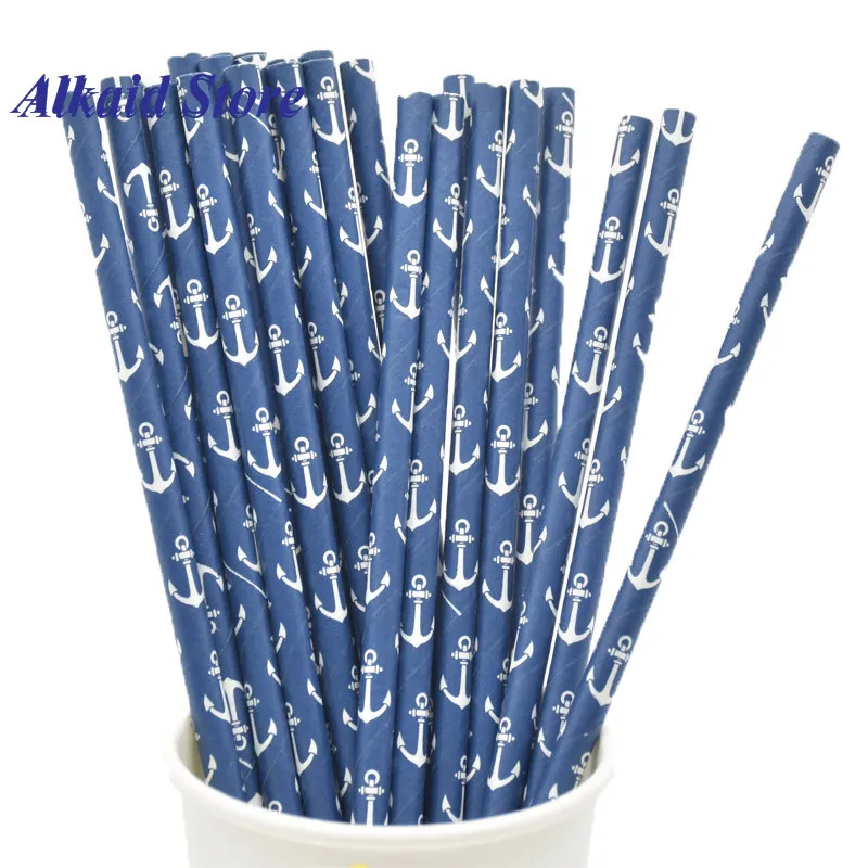 25pcs straws Мультяшные синие пиратские бумажные тарелки и стаканы, одноразовые столовые приборы, принадлежности для дня рождения, украшения для свадьбы, для детского праздника - Цвет: 25pcs straws