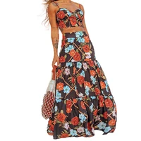 summer new 2021 women dress sets sexy floral print slash neck sleeveless crop tops with high waisted loose maxi skirt dress sets