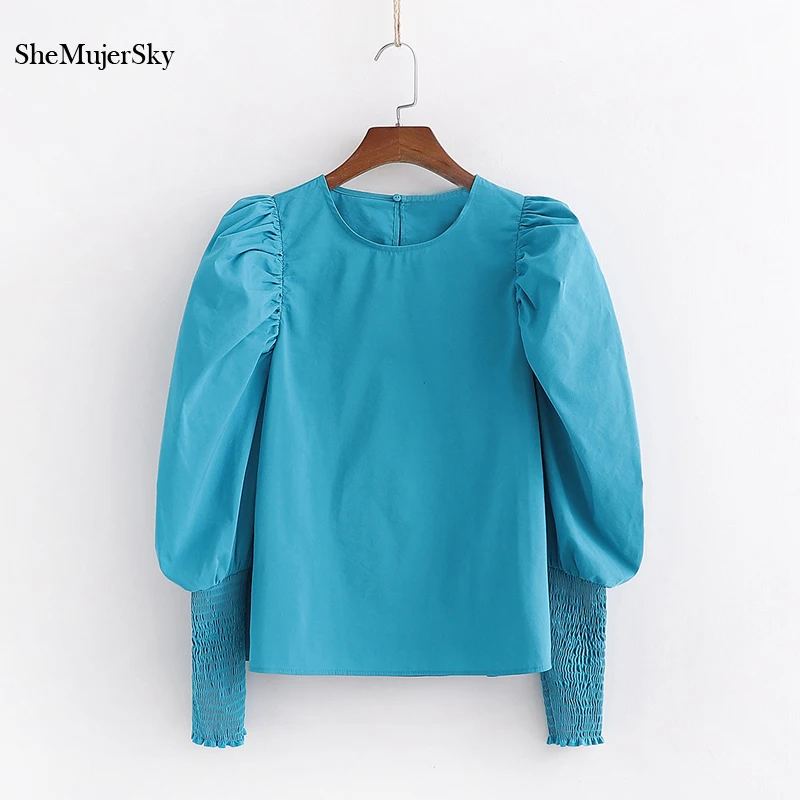 Женская блузка с длинными рукавами SheMujerSky синяя буффами и круглым вырезом модные