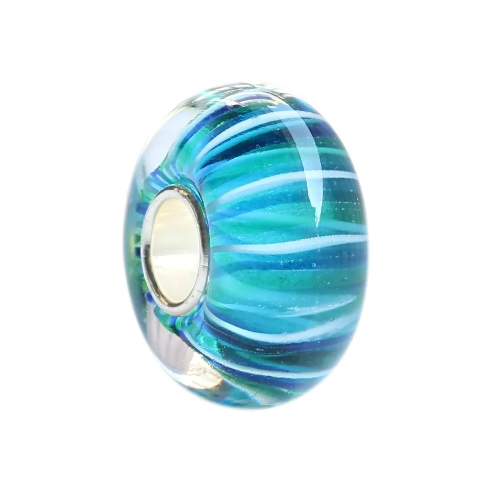 Стеклянная бусина в сине-зеленую полоску с цепочкой и браслетом из серебра 925