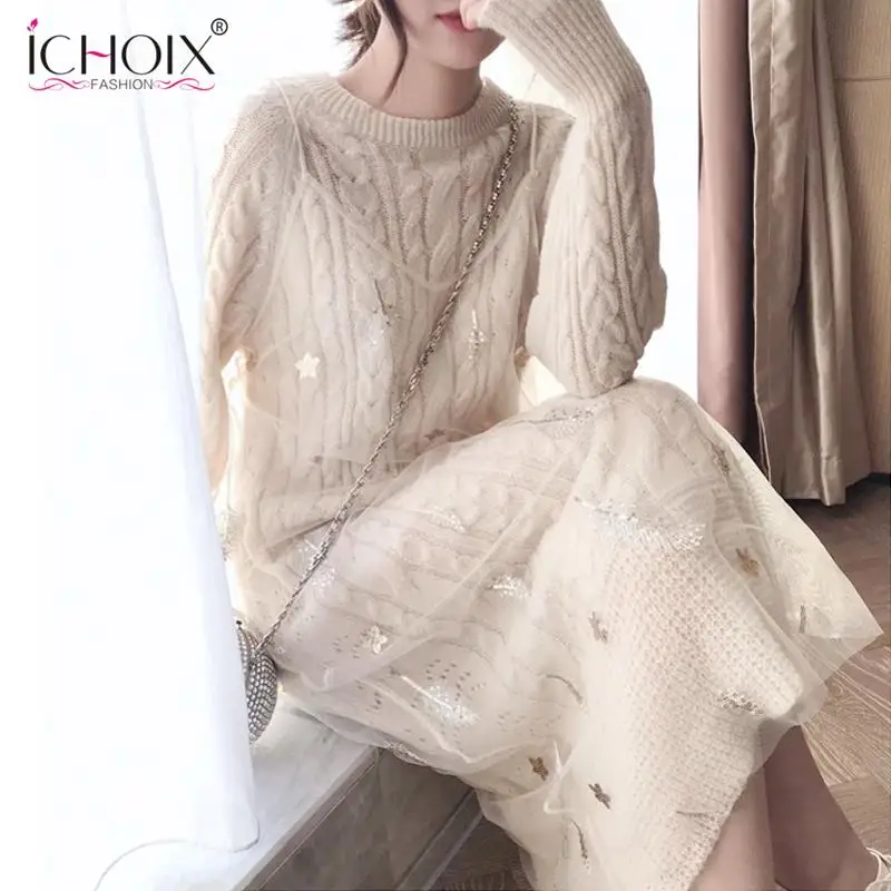 

ICHOIX 2020 Autumn Two-piece Suits Dress Women's Long Knitted Two-piece Set High Quality Long Dresses for Winter Vestidos