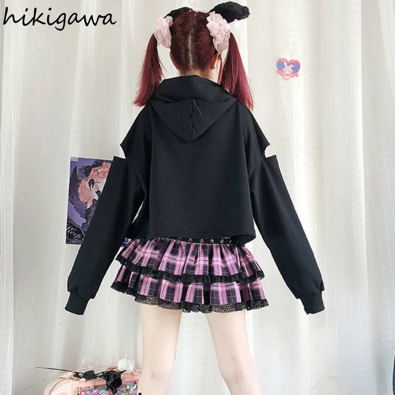 

Hikigawa Hoodie Harajuku Crop Tops Letter Print Hooded Sweatshirt Hollow Out Patchwork Hoodies Long Sleeve Hoody Women Clothes