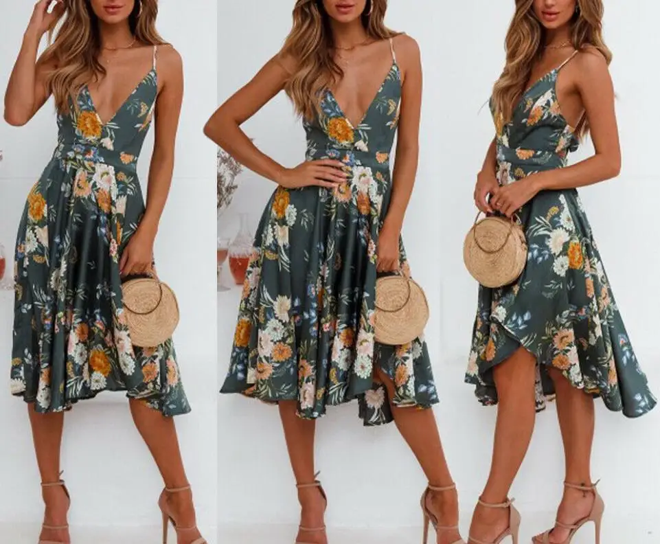 

New Women's Summer Sexy Halter V-neck Halter Sleeveless Dress Fashion Chiffon Floral Evening Cocktail Beach Short Dress
