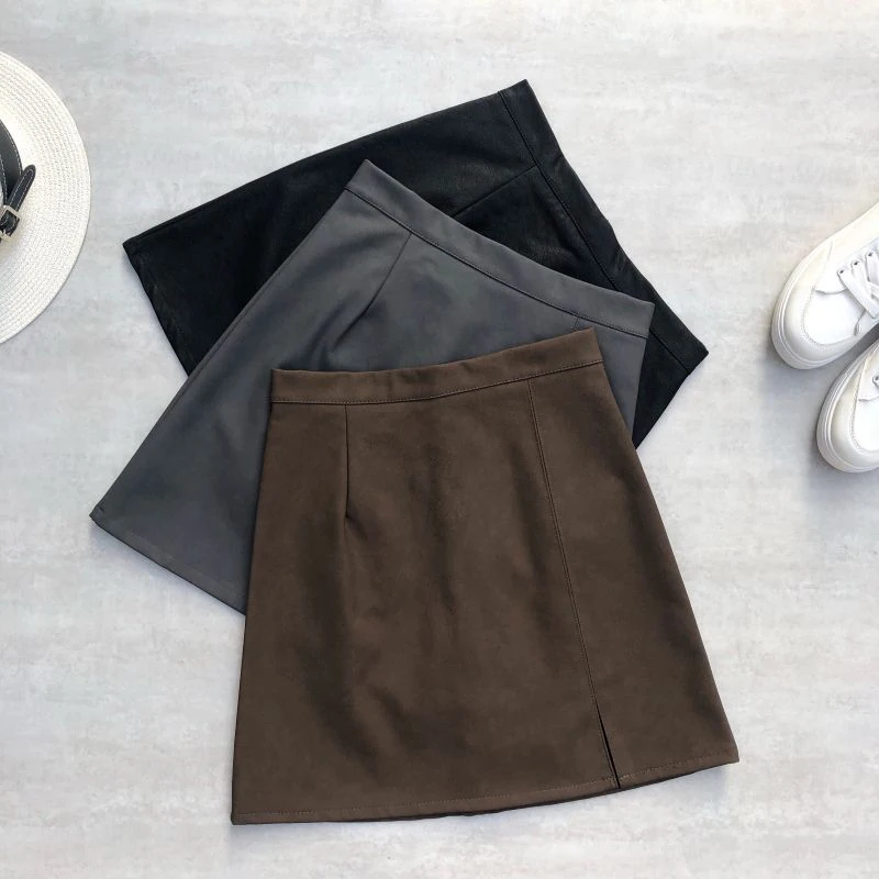 

Autumn Winter Women PU Vintage Leather Suede Pencil Skirt High Waist Slim Elegant Solid Casual Mini Split Skirts Female Clothes