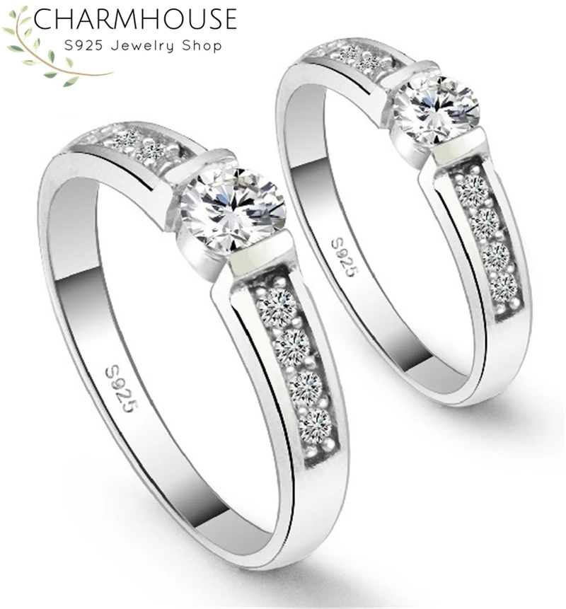 Кольцо обручальное из чистого серебра 925 пробы с фианитом AAA|Обручальные кольца| |