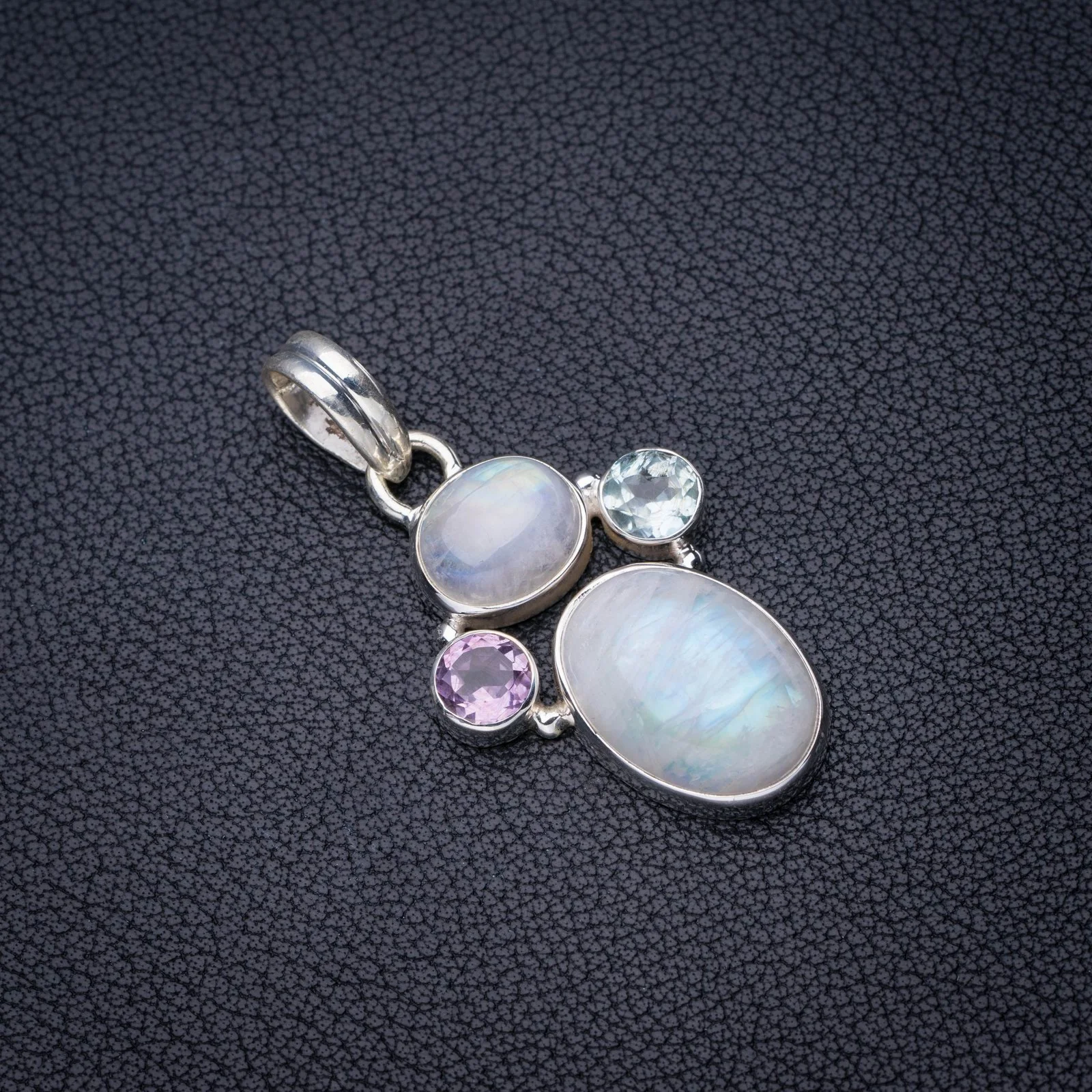 

StarGems Natural Rainbow Moonstone Blue Topaz And Amethyst Handmade 925 Sterling Silver Pendant 1.75" E3821