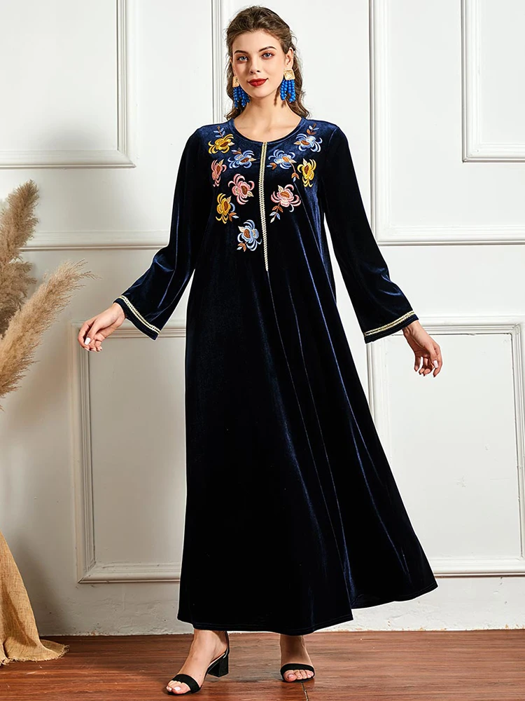 Женское бархатное платье макси с цветочной вышивкой, зимнее модное платье темно-синего цвета с длинным рукавом, яркая Арабская Марокканска...
