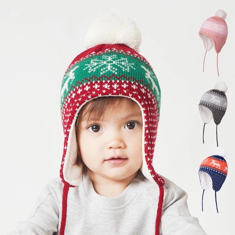 

Toddler Baby Top Plush Ball Fawn Jacquard Beanie Autumn Winter Warm Knitted Hat Earflap Children Ear Protection Cap