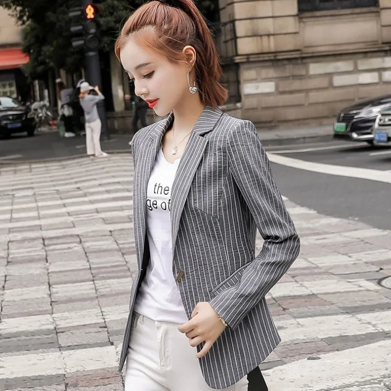 Elegant Womens Single Button Notched Collar Striped Blazer Korean Vintage Fashion Casual Slim Fit Plus Size Female Suit Coats | Женская