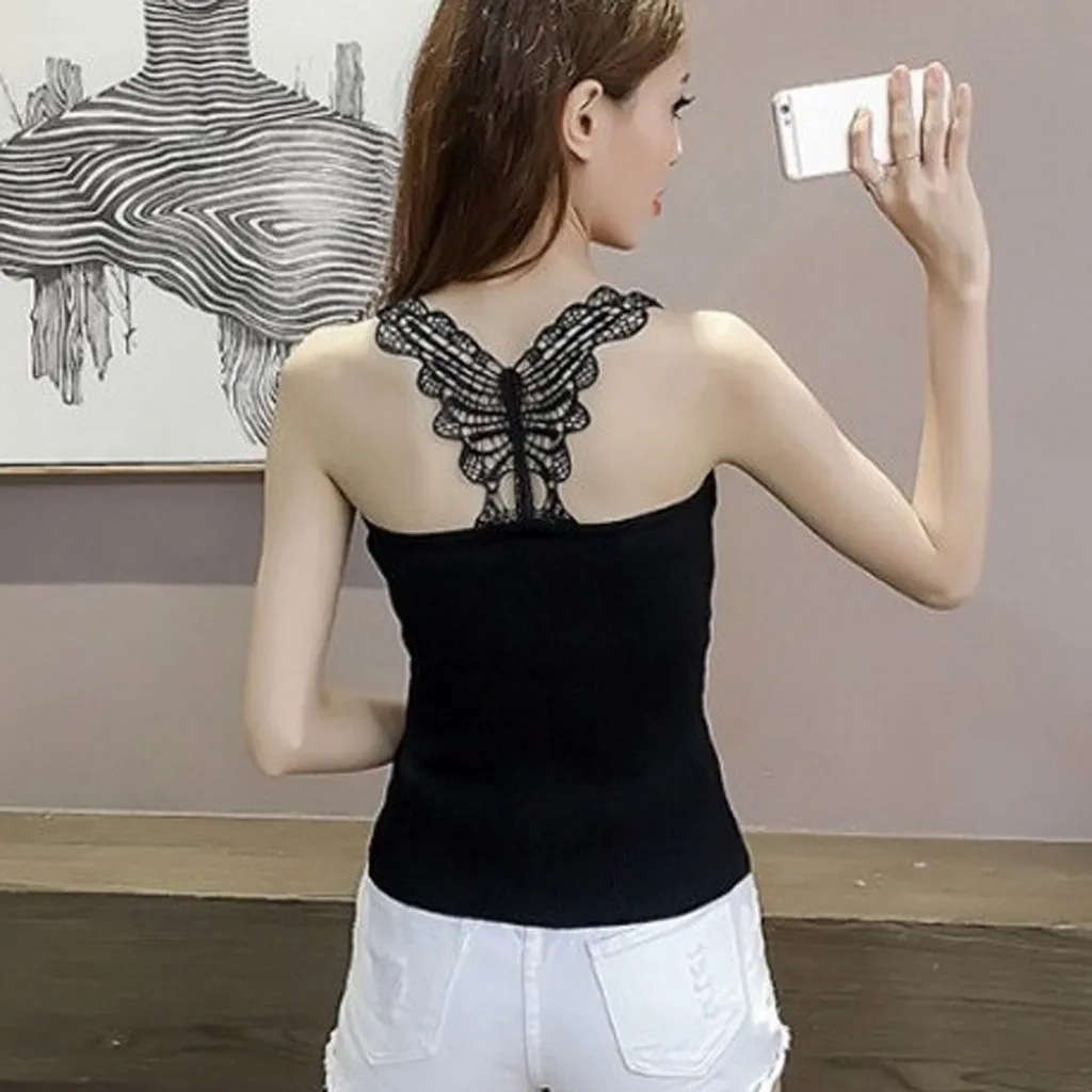 Модная трикотажная майка с бабочкой на бретельках футболка повседневная Летняя