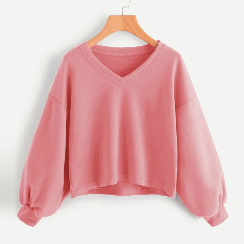 

RED 2 Crop Hoddies Women Solid Casual Drop Shoulder Lantern Sleeve Sweatshirt V-neck Pullover Tops Sudadera Mujer 2021 New