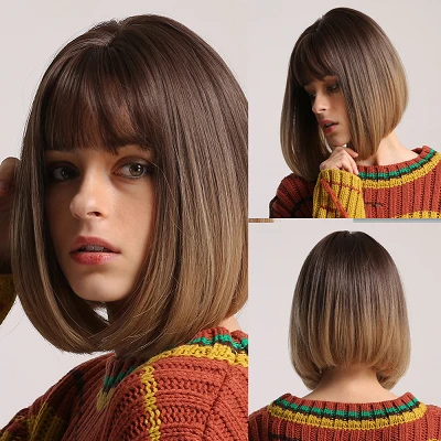 

JONRENAU Short Bob Black Root Ombre Dark Brown Hair with Side Bangs for Girl women Colorful Costume Synthetic Cosplay Wigs