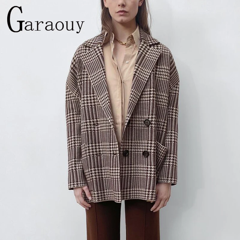 

Новинка 2022, осенне-зимний женский винтажный клетчатый Блейзер Garaouy, куртка, повседневный двубортный костюм, пальто, Офисная Женская одежда