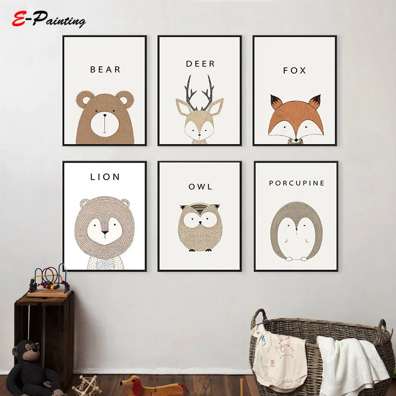 Modern Painting Canvas Cartoon Animal Deer Lion Bear Minimalist Art Poster Wall Picture Print Home | Дом и сад