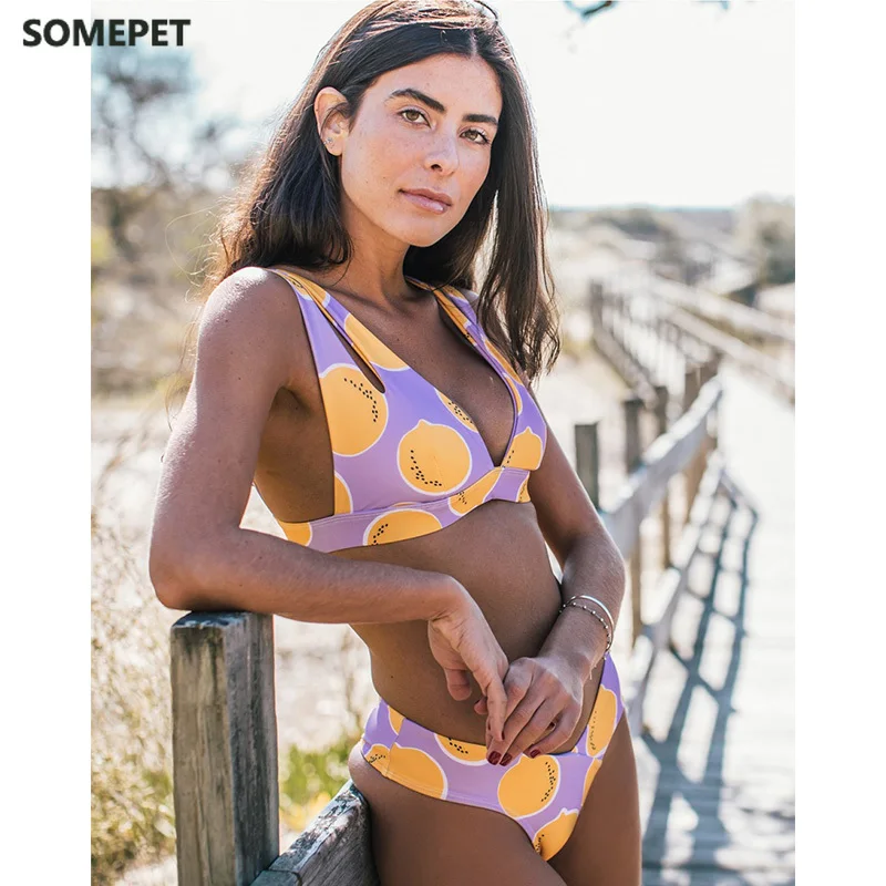 

2021 Sexy Brazilian Bikini Swimwear Women Halter Push Up Bikini Set Swimsuit Female Lemon Print Bandage Biquini Bathing Suit XL
