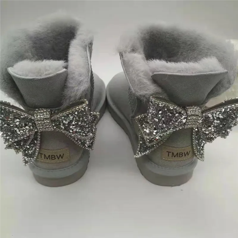 Blinging/; красивые женские зимние ботинки из натуральной овечьей кожи с бантом; женские ботинки на натуральном меху; теплые зимние ботинки с шерстью