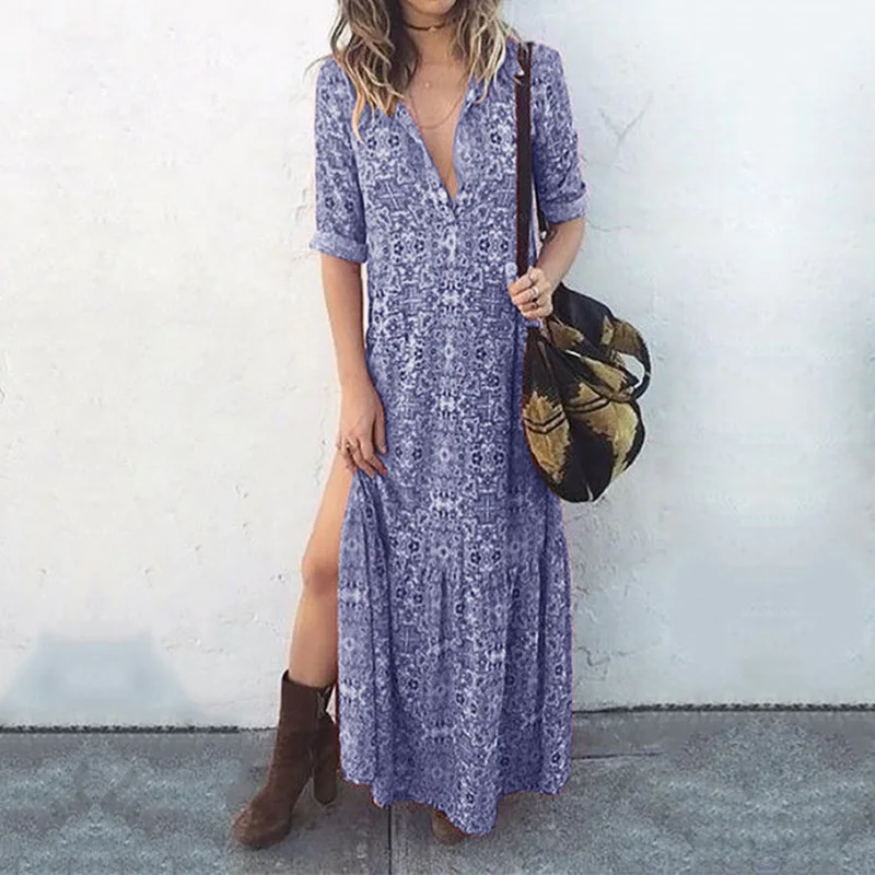 

Printed long sleeve split dress