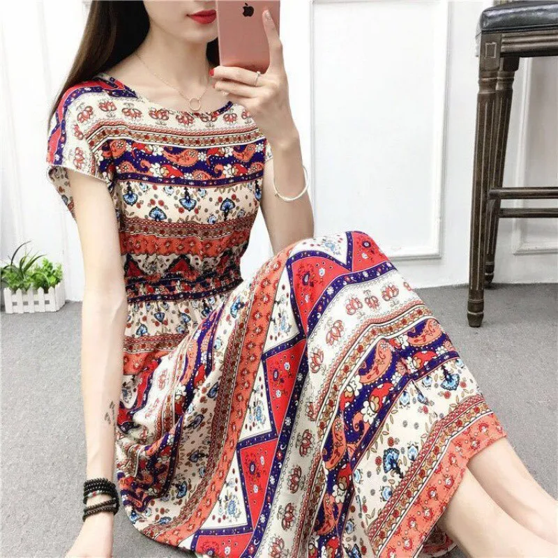 

Vintage Floral Long Dresses Women Elegant Sexy O Neck Print Summer Boho Dress Female Short Sleeve Vacation Beach Dress Vestidos