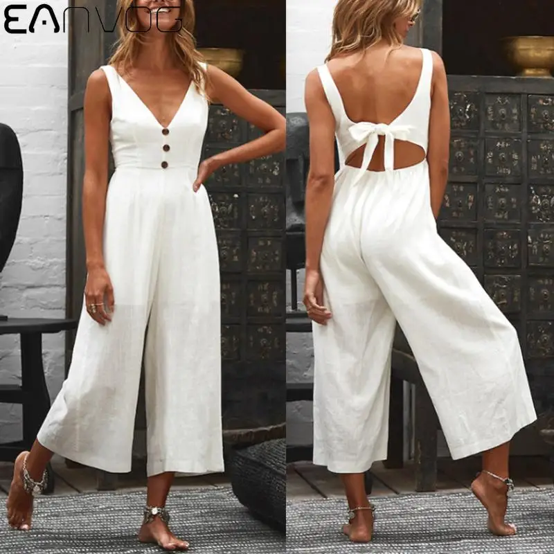 

Модные пикантные свободные цельные брюки на бретельках с V-образным вырезом и открытой спиной с бантом для женщин летний хлопковый льняной ...