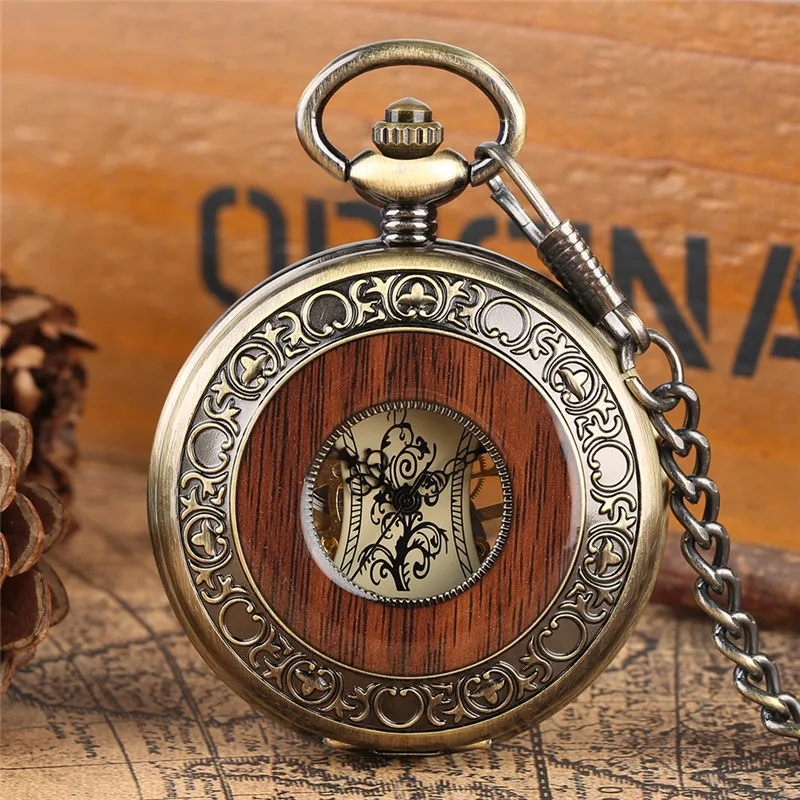 

Vintage Wood Case Mechanical Pocket Watch Roman Numerals Carving Flower Dial Handwinding Clock Pendant Chain Women Men Gifts