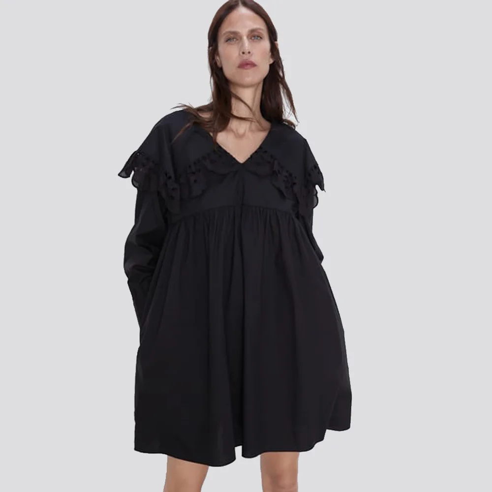 Женское ажурное платье ZA черное повседневное свободное с воротником в форме