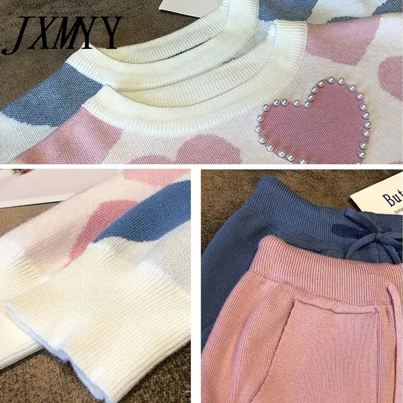JXMYY Fashion Love Printed Knitted Two Peice Suit Women Long Sleeve Sweater Tops And Solid Colors Casual Pants Female |